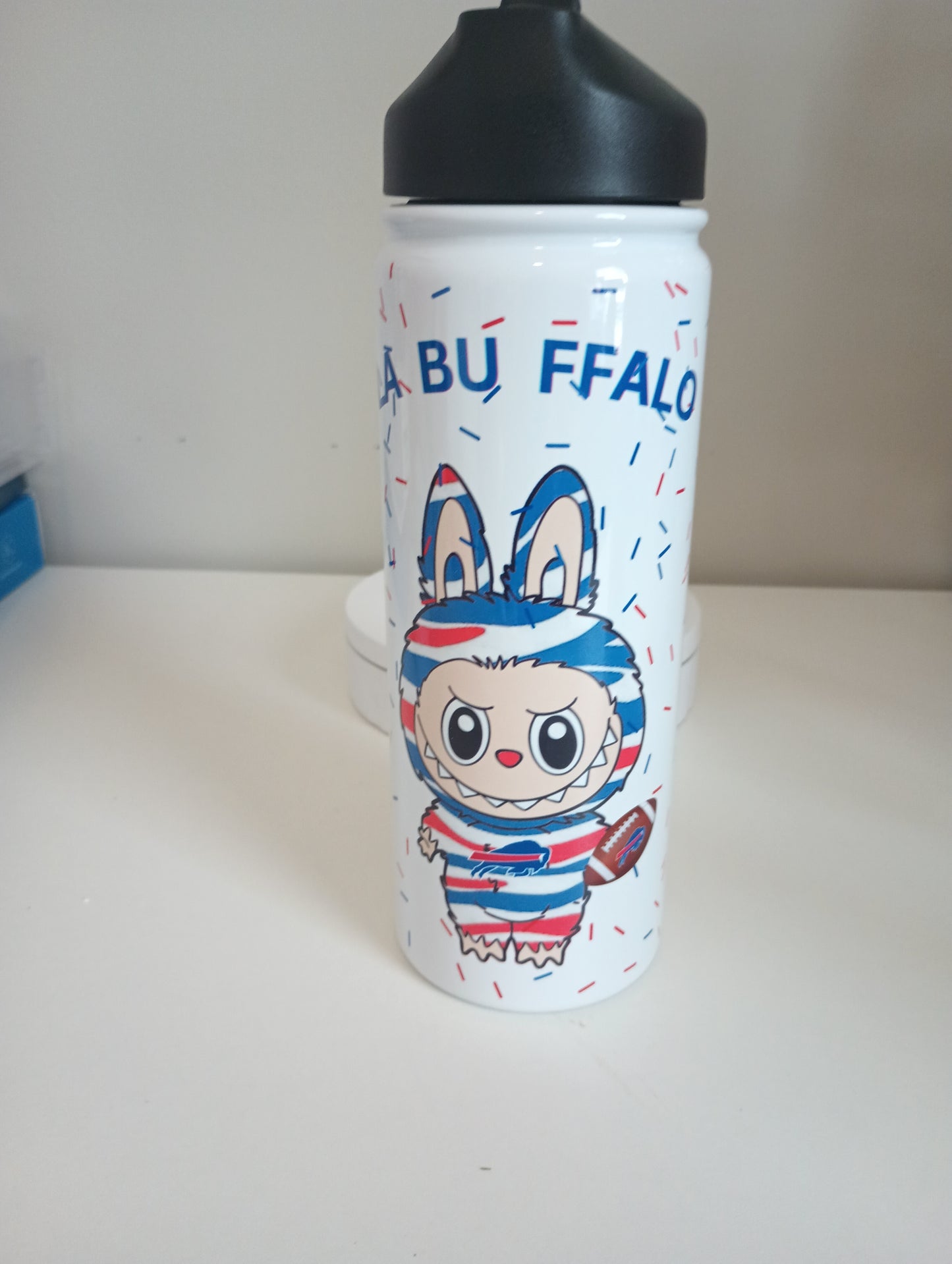 Labubu .. buffalo bills.. LA  BU FFALO 18 oz stainless steel water bottle